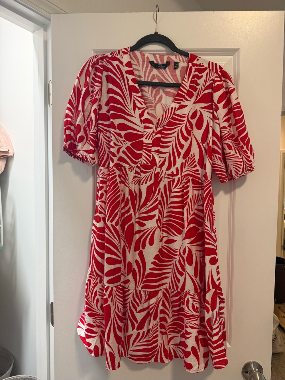 Red and White Printed V-Neck Women's Dress